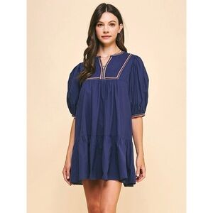 Pinch navy rainbow stitch-work puff sleeve babydoll mini dress (large)